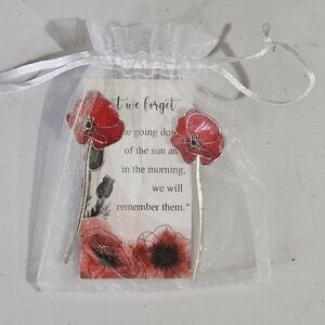 2 Red Poppy Lapel Pins With "Lest We Forget" Card